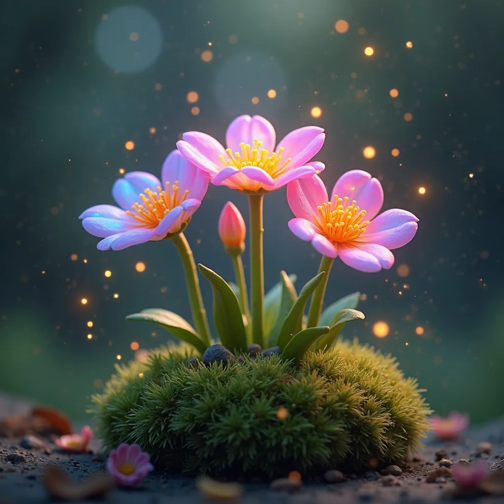 A small patch of enchanted moss cradling a cluster of fantasy flowers with oversized, bioluminescent petals in vivid rainbow hues. The petals have a gentle iridescent sheen, shifting colors as they catch the light. Soft golden pollen drifts through the air...