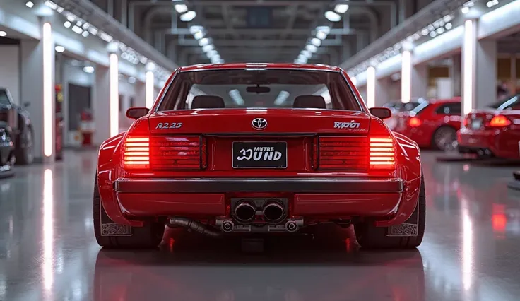 3D render of a heavily modified (.2p25 Toyota Crown)in(Red)colour, (full back view) The car features closing doors, ultra-high-detail glossy and shiny modifications, including sleek add-ons. The () logo is prominently displayed on the closing doors, the fu...