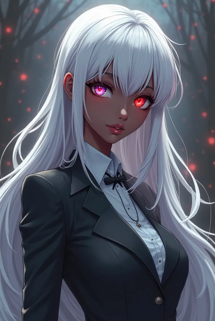 I want an anime character with one eye red and the other blue, her dark skin with long white hair in a nice suit.