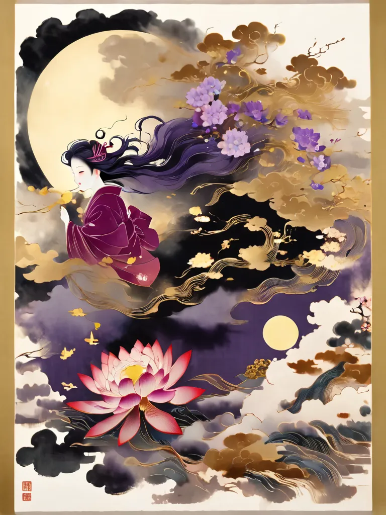  ukiyo-e、日本のgod話,   On top   , Quiet look,  Ink painting, goldの雲、tanker style 、女god、    Above the Clouds、   amazing、big full moon、god々Shine、 gold,    ribbon hair accessories surrounded by purple flowers  ,   crown, Looking up the fan、