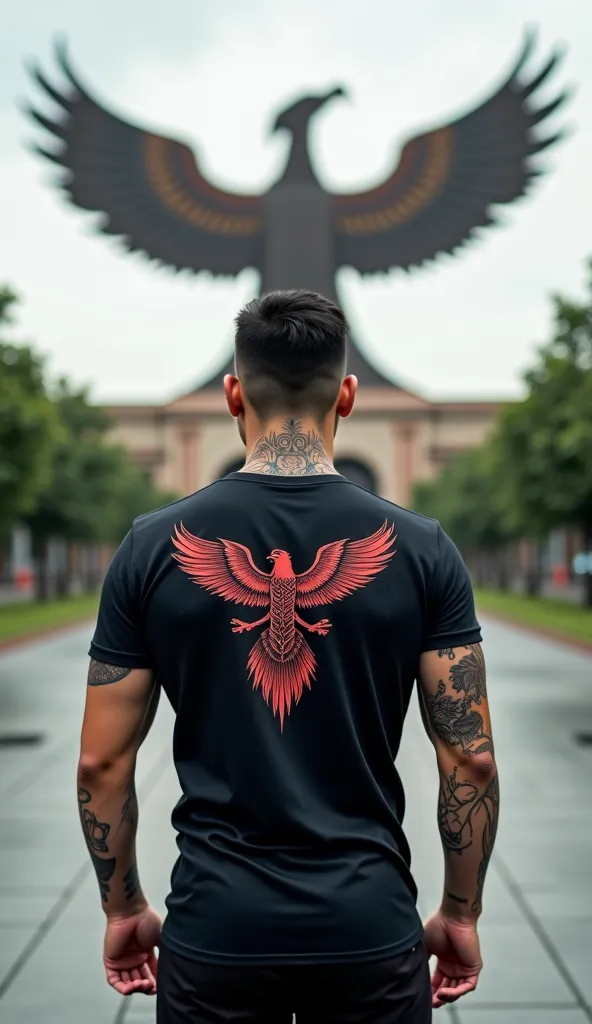 A mockup of a T-shirt seen from the back, worn by a male model. The model has visible tattoos on the back of his neck and hands. The background features the DPR/MPR Indonesia building, which has an architectural design resembling the Garuda bird. The model...