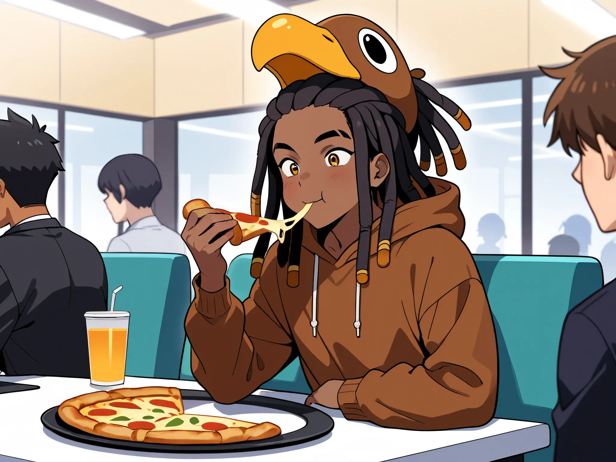 anime boy, dark skin, black dreadlocks, brown firebird costume, holding a slice of pizza, relaxed, eating, sitting at a table, convention center eatery