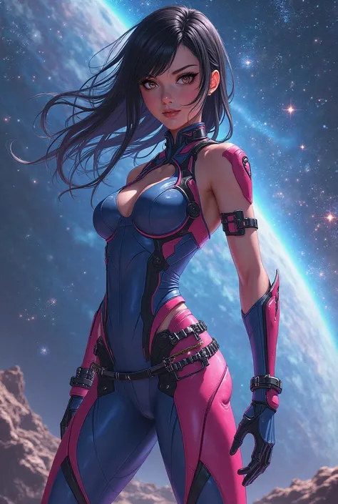 Anime girl in tight outfit with epic pose in space