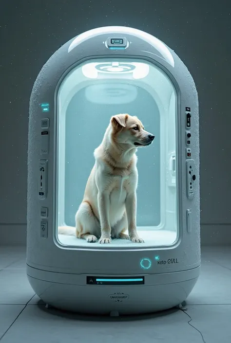 A small cryogenic pod designed for a pet (like a cat or dog), with frost on the glass and cold mist seeping out. The pod is sleek and futuristic, showing digital displays and a controlled environment.