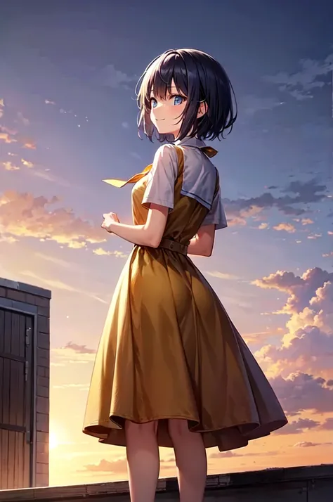 A short-haired blue bob high school girl, wearing a golden dress, stands on the rooftop of a school at dusk. Her blue eyes reflect the setting sun as she contemplates silently, with a gentle smile on her face.