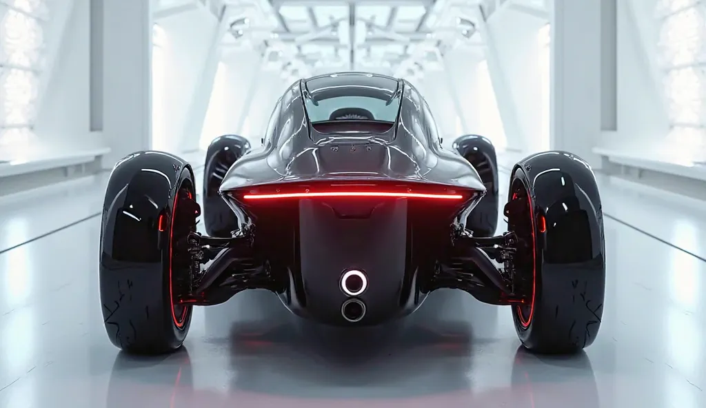 "Back view of a futuristic hybrid three-wheeler vehicle with a glossy black body, sharp aerodynamic design, LED tail lights, large rear wheels with red accents, single exhaust pipe, and a transparent roof, displayed in a high-tech white showroom with refle...