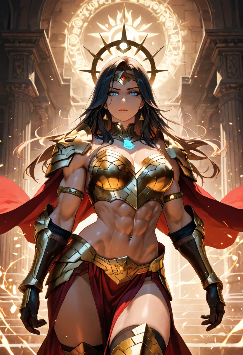 A powerful and breathtakingly beautiful Wonder Woman stands atop a towering ancient ruin, her long, flowing black hair cascading past her shoulders, catching the wind like a midnight wave. Her piercing blue eyes radiate confidence and strength, framed by d...