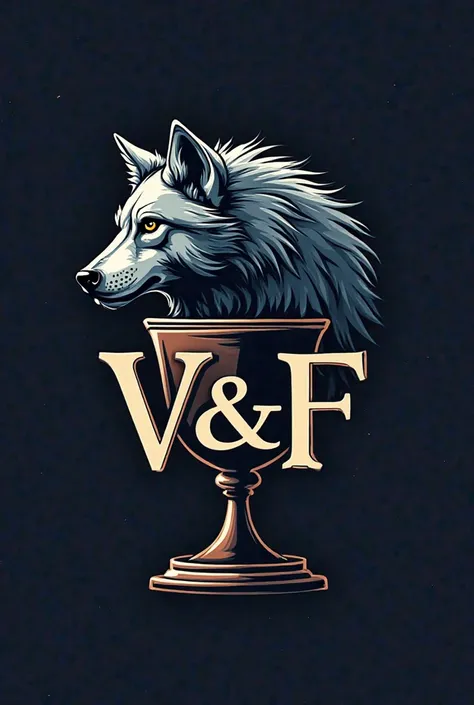 Logo drawn of a wolf with the letter V&F in the background inside a cup