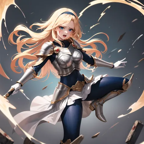 masterpiece, best quality, highres, lux1, long hair, 1girl, solo, armor, breastplate, bodysuit, gloves, white gloves, boobplate, magic, spell, open mouth, She is a tall, pale-skinned young woman with big blue eyes and shoulder-length large golden blonde ha...