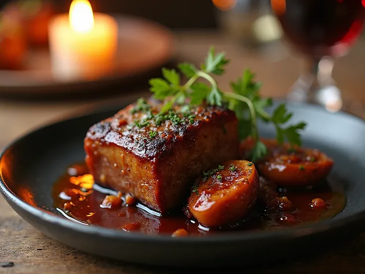 A French classic—slow-cooked duck confit with a crispy golden-brown skin, served with a luscious red wine and fig reduction. Plated elegantly on a black stoneware dish with a softly blurred candlelit fine dining background.