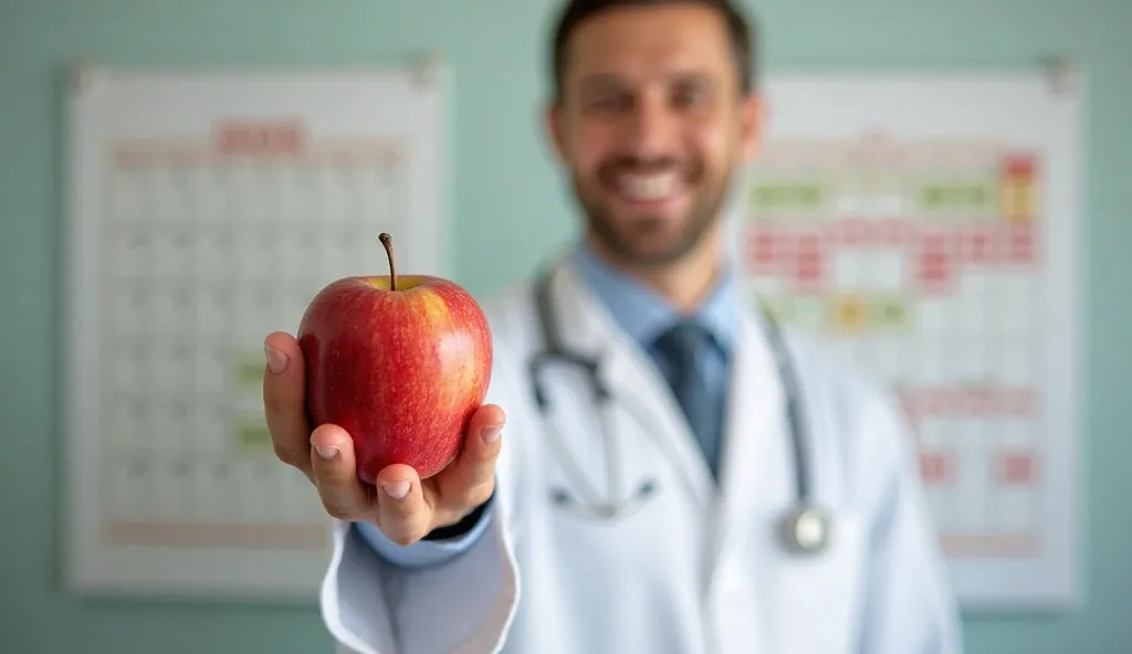 10. "An apple a day, keeping the doctor away"

Image prompt :
"a doctor holding an apple in the hand smiling, and a calendar in the background on which to make it a habit to eat an apple a day, reflecting a healthy life."