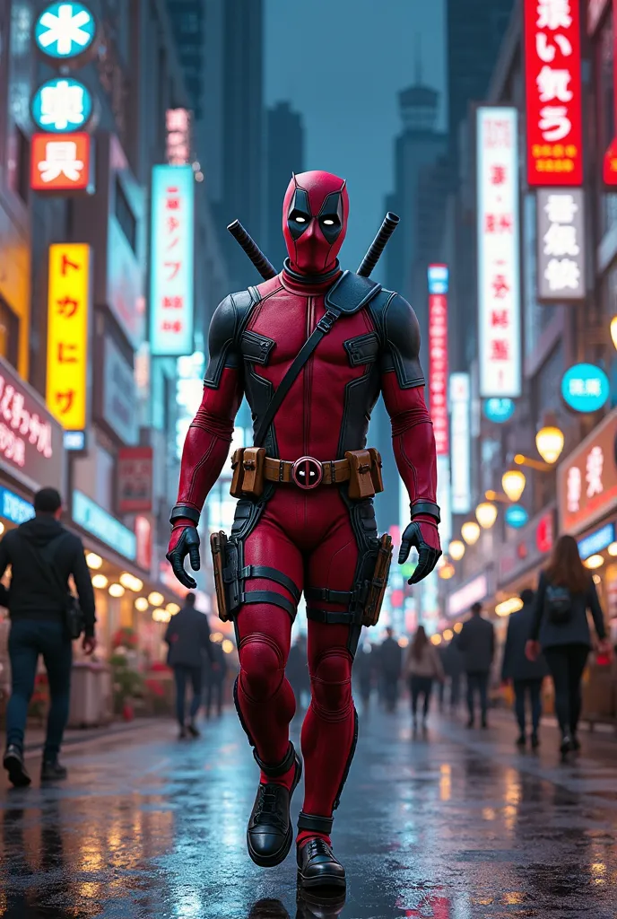 A man in a deadpool costume ,Walking in the streets of Tokyo, realistic image ,HD quality,camera full 