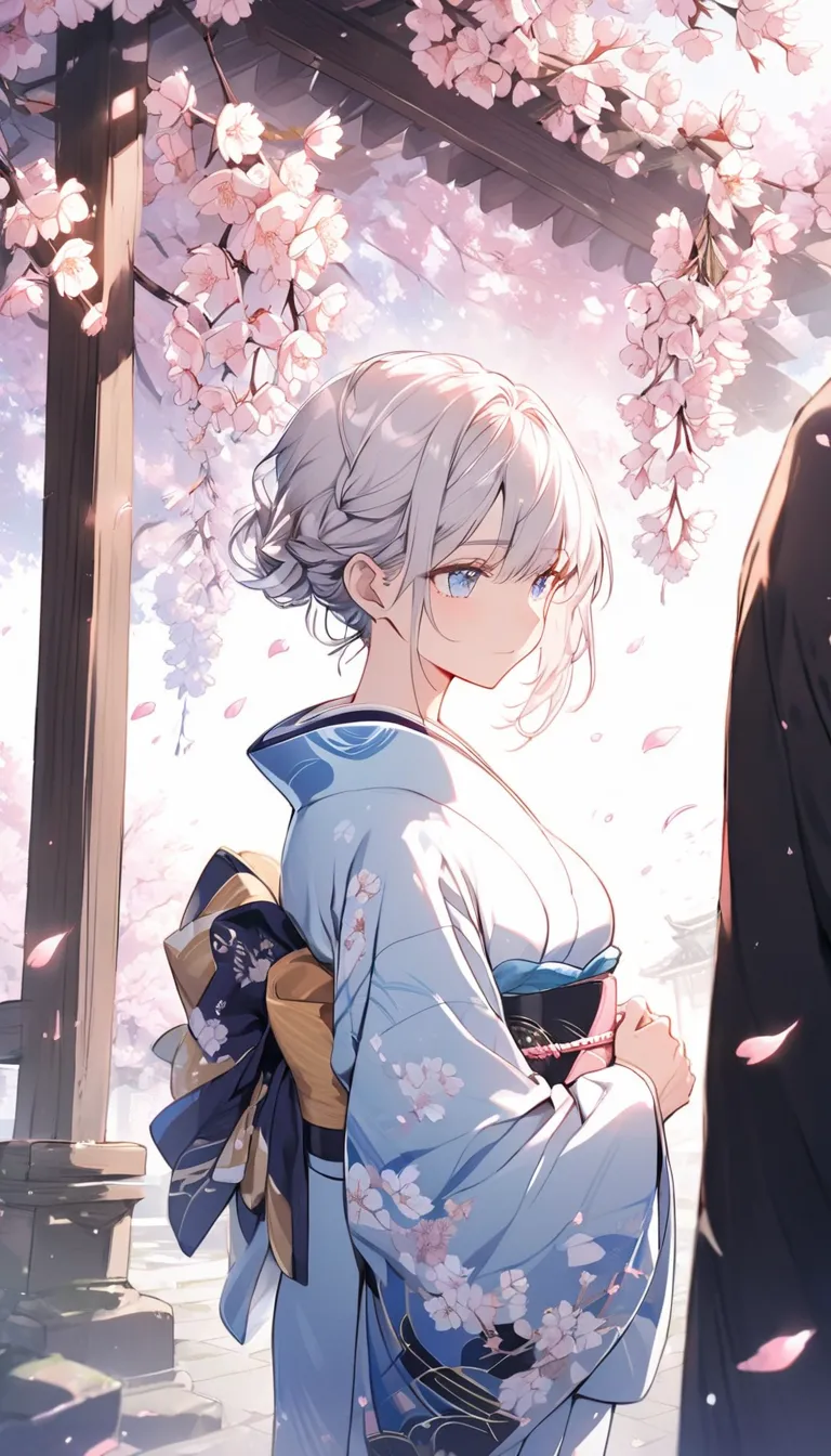 Alone，Short Hair，Silver-haired man，Blue Eyes，cherry blossoms， kimono，handsome