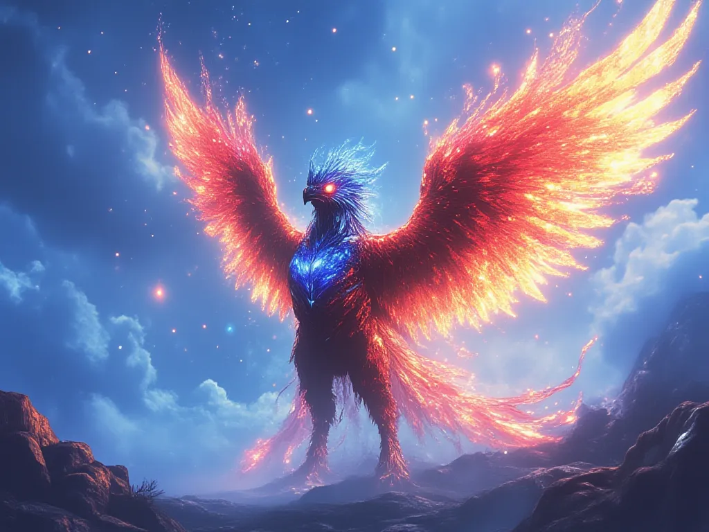 Illustrated image of a Phoenix bird in the blue sky looking beautiful, The Phoenix bird shining with red, blue and orange splendor, opening its large wings.  digital art, Seeming yourself far away small and unreal. 
