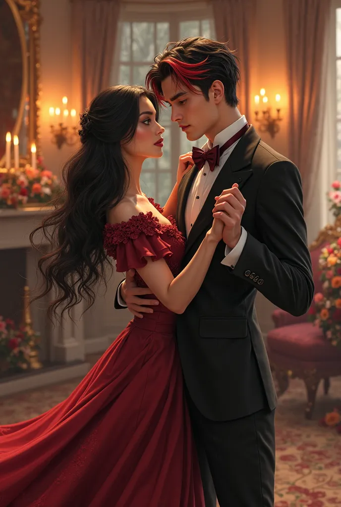 Tall boy, with short black hair with red and blonde locks all over his hair, who wears a black tuxedo suit and a wine tie,  that looks very elegant. That boy I'm waltzing with a girl shorter than him, in a dress the color of the boy's tie. That it is a Vic...