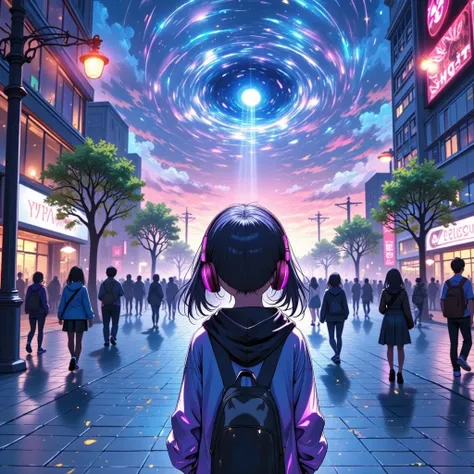 High-detail anime-style illustration of a young musician standing in an open plaza, eyes closed, feeling the rhythm of their heartbeat. Their headphones glow subtly as colorful waves of energy pulse outward, symbolizing the song’s theme of embracing one’s ...