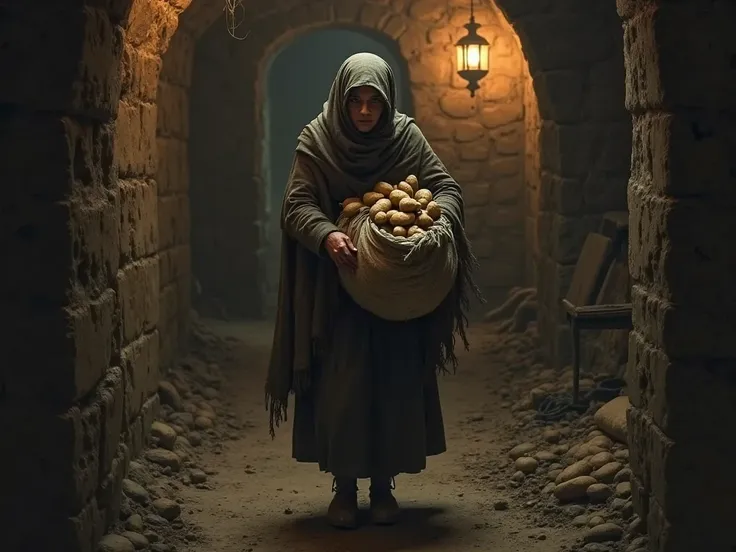 prostitute carries potatoes to the cellar at night