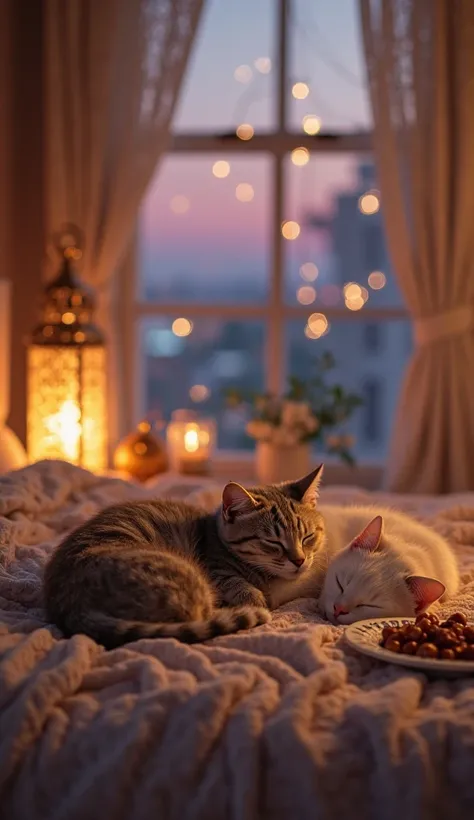 **Prompt:**  
"A small family of three cats is peacefully sleeping on a soft bed, cuddled up together. The room is cozy and warm, with one cat resting its head on another’s back. The soft glow of a Ramadan lantern illuminates the room, casting a gentle gol...