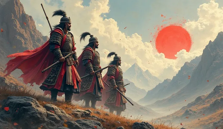 The legend of Dangun represents the founding of the Korean country. Create an image that represents the historical texture, Korean warriors and the founding of the Korean country.