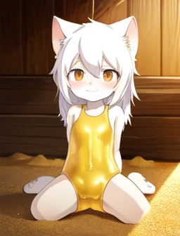  White cat, alone, external,  golden pupils, Thick hair , white hair，Young  White cat，golden slime one-piece swimsuit,Firmware version,  animal friend anime , Realistic anime cat ,  very cute face , Blushing, Fun, Young,  detailed background,  detailed fan...