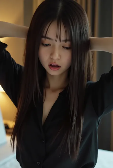(((((One girl in her twenties:2、Baby Face))))),(masterpiece,Highest quality:1.9),8k, detailed,detailed毛穴,reality, hotel room、close my eyes hard、I'm nervous、((( black shirt:2.2)))、long hair、 flushed skin、 sigh、 back stretch