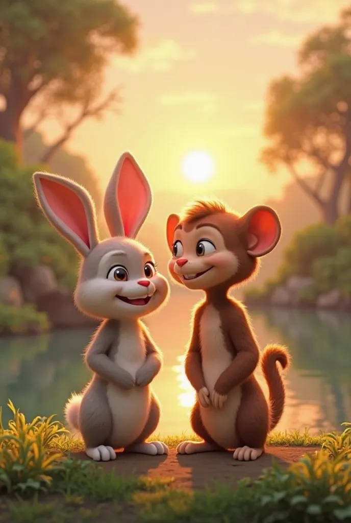 [3D Pixar-style, Rabbit and Monkey, The rabbit and monkey are now standing together on the riverbank, smiling at each other with a sense of accomplishment and friendship. The sun is setting in the background, casting a soft, golden light over the peaceful ...