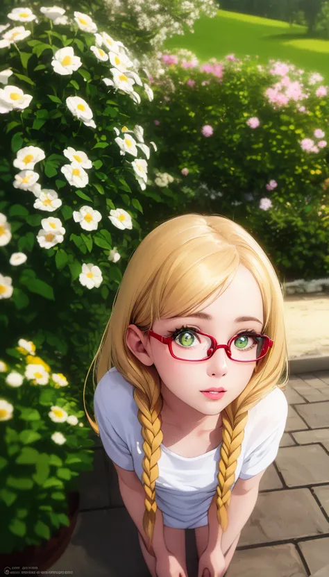 1 girl, t-shirt, [Masterpiece], from the waist down above,  twin braids , bright pupils,  green eyes , Split Bangs,  by the blond hair, soft smile,Looking to the side, eyeglasses 