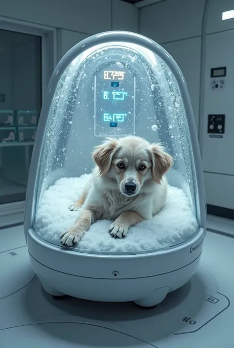 A small, futuristic cryogenic pod containing a lifeless pet, like a dog or cat, carefully preserved. The pet’s body looks peaceful, surrounded by frost and cold mist. The pod has a glass cover with digital displays showing freezing temperatures and preserv...