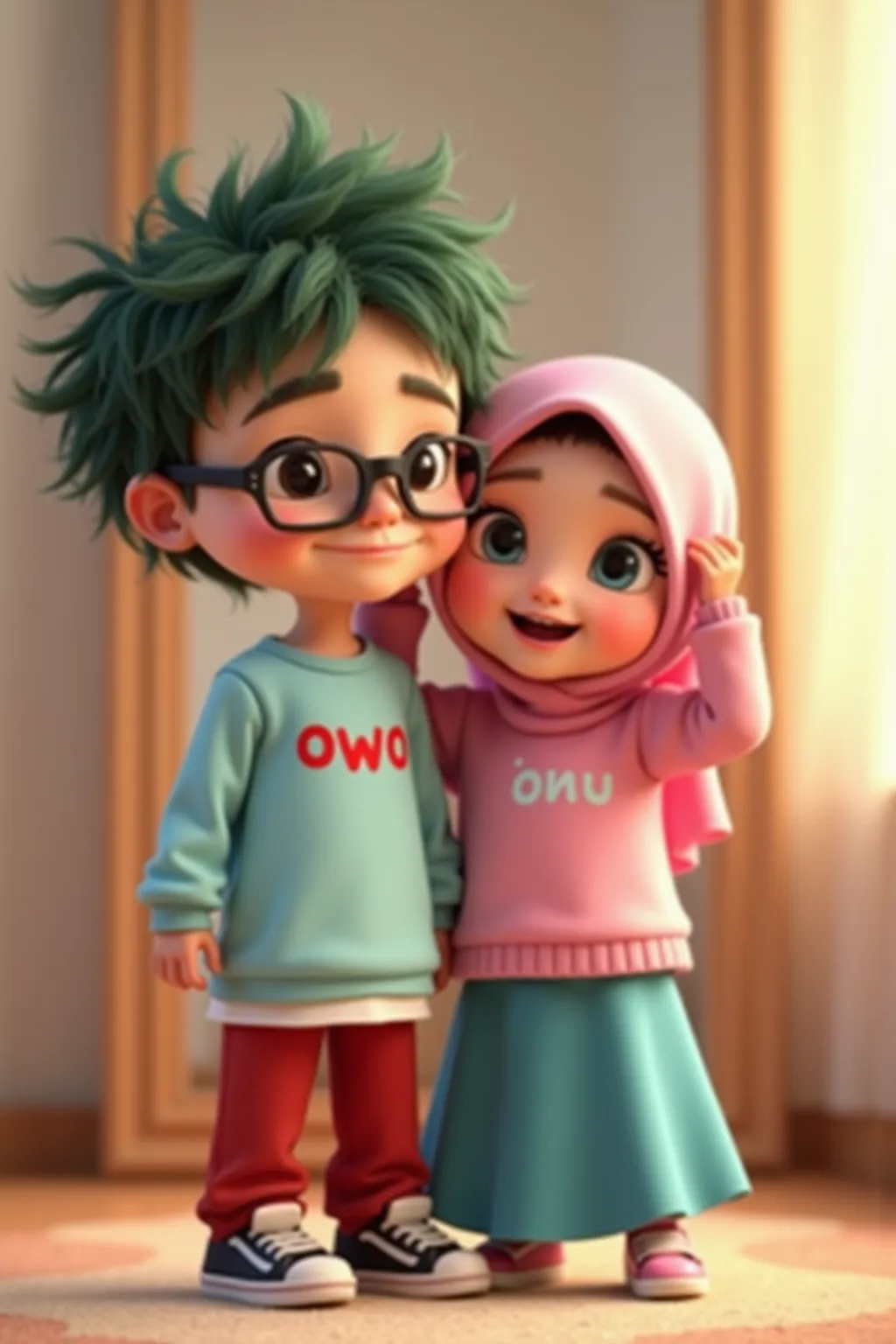 Super resolusi, 4k UHD. Very detailed. A cute, nerdy boy, Owo, , with green slightly messy hair, big black round glasses, wearing a light blue long-sleeve Muslim shirt with 'owo' written in red font and red pants. Standing beside him is his adorable sister...