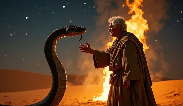 80-year-old Moses, dressed in a dusty brown shepherd’s robe, stands hesitantly in the desert. His wrinkled face shows fear and uncertainty as he slowly extends his trembling hand toward the large, dark serpent before him. The snake’s body glistens in the b...