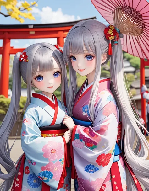   silvery long hair 、beautiful girl with twin tails、  kimono、Japan Doll Festival、Girls' Day、dolls looking at dolls with a smile、