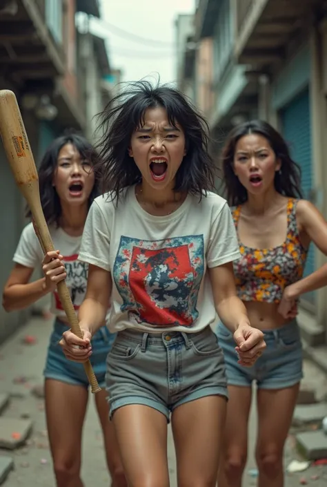 three beautiful Asian womans,very messy hair,very glampy eyes,forehead wrinkled with curved eye brows,mount wide open shouting,expression full of anger,face and body full wet sweaty,wearing a white red blue abstract motif fitting  t shirt,gray short t shir...