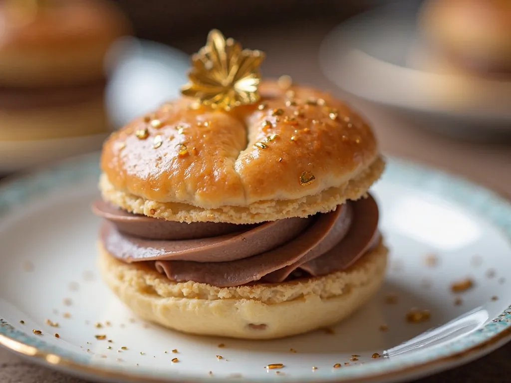 Delicate layers of crispy puff pastry filled with luscious chocolate hazelnut cream, topped with a touch of edible gold leaf. Presented on a fine bone china plate with a softly blurred luxury patisserie background.