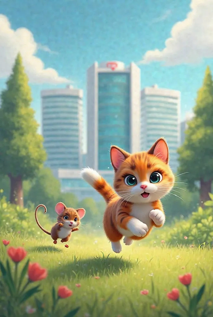 A massage cat running with a beautiful brown and white mouse running towards a hospital 