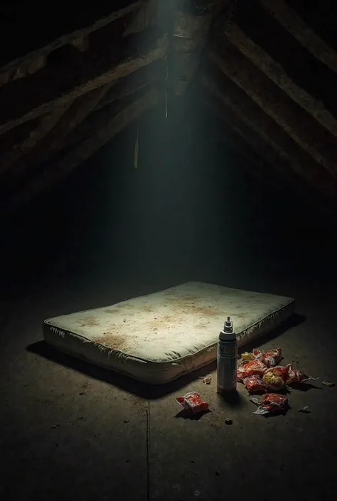 "Inside a dark attic, barely illuminated by a flashlight beam. A thin, dirty mattress is on the floor, surrounded by empty food wrappers and a water bottle. The wooden beams are covered in dust, and the atmosphere is claustrophobic and unsettling."