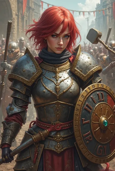 A short-haired red-haired female Warrior wearing steel plate armor with runes, with a helmet on her head with numbers, holding a hammer in one hand and a circular shield with a jewel in the other, In the midst of a battle she counts demons.