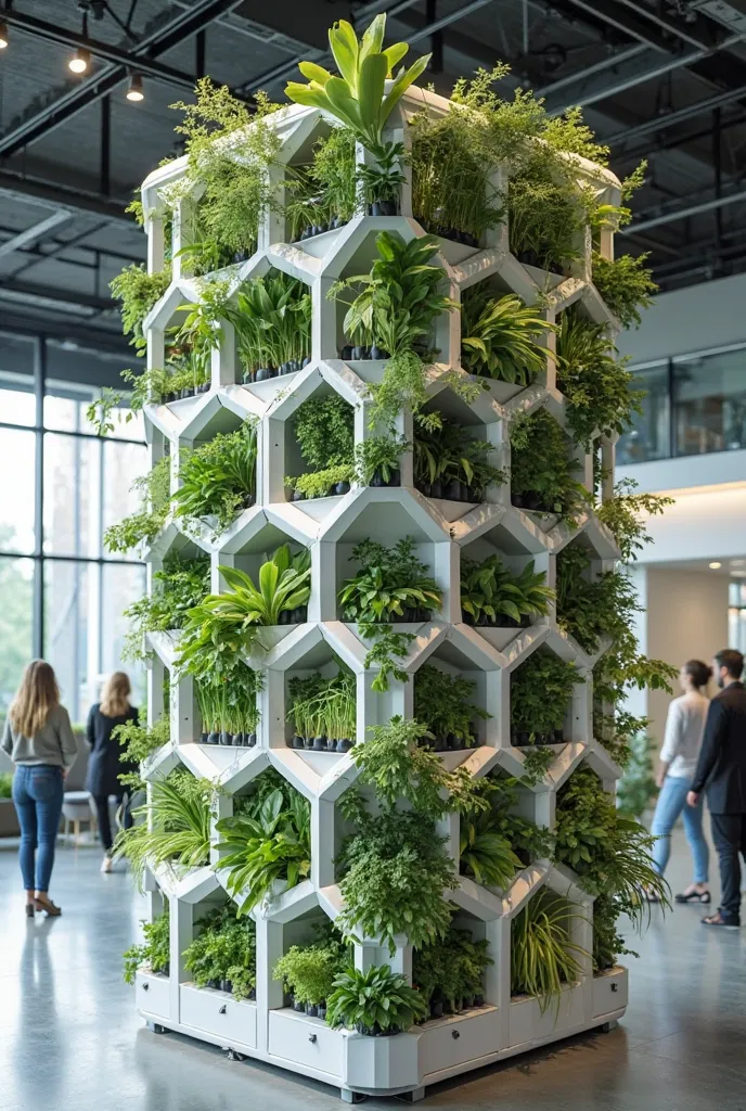 A vertical hydroponic garden with hexagonal modules