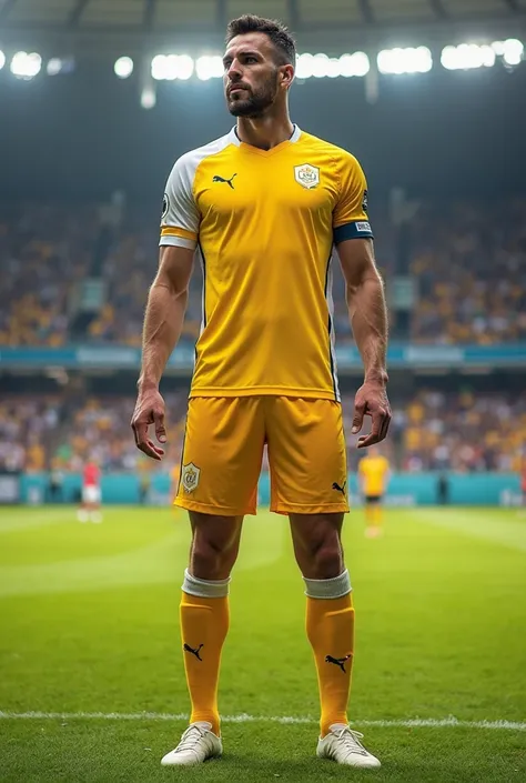 Another soccer uniform with the colors yellow and white 