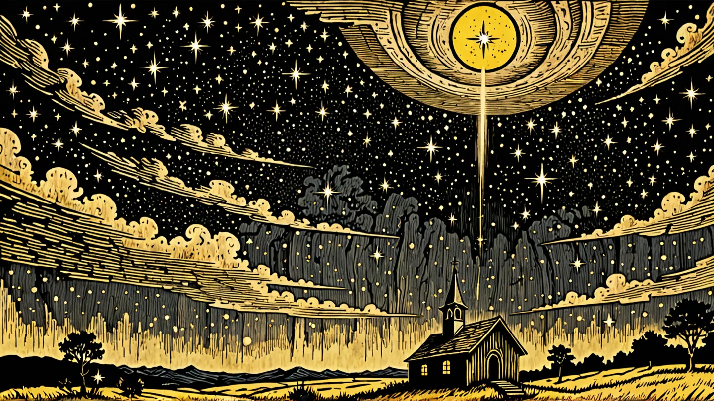 
An religious biblical looking up to the Nightsky 

 Create a rustic woodcut style image digital art surreal, using only black, beige and yellow colors.
