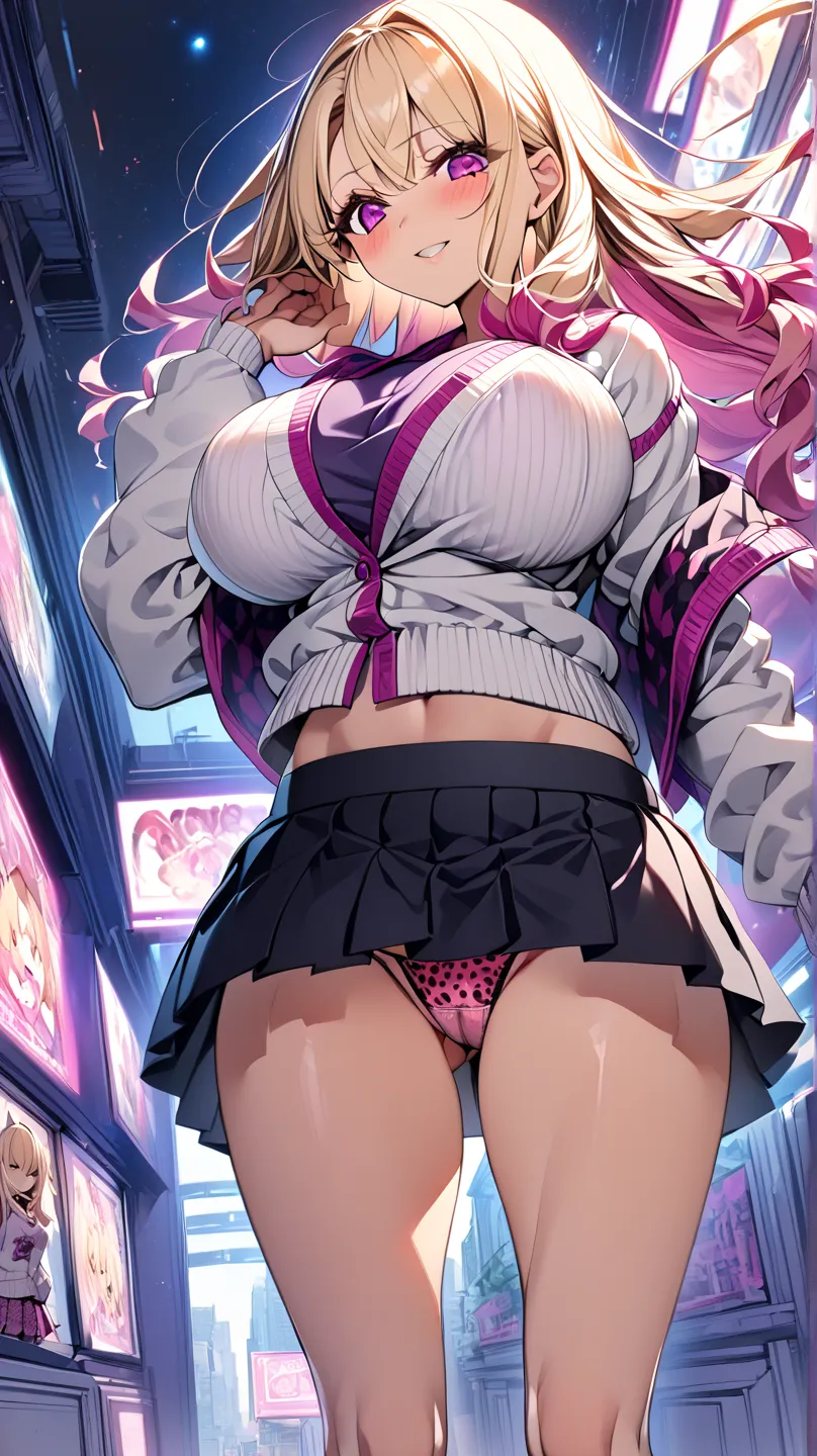  1 girl　  pretty girl 　 anime style　Anime Face　  anime style　beauty　Big Breasts　  jacket with lace that shows all of the back is a white cardigan　black color pleated skirt　deep pink leopard print thong　  very small panties  　Very thin panties　blond hair　  ...