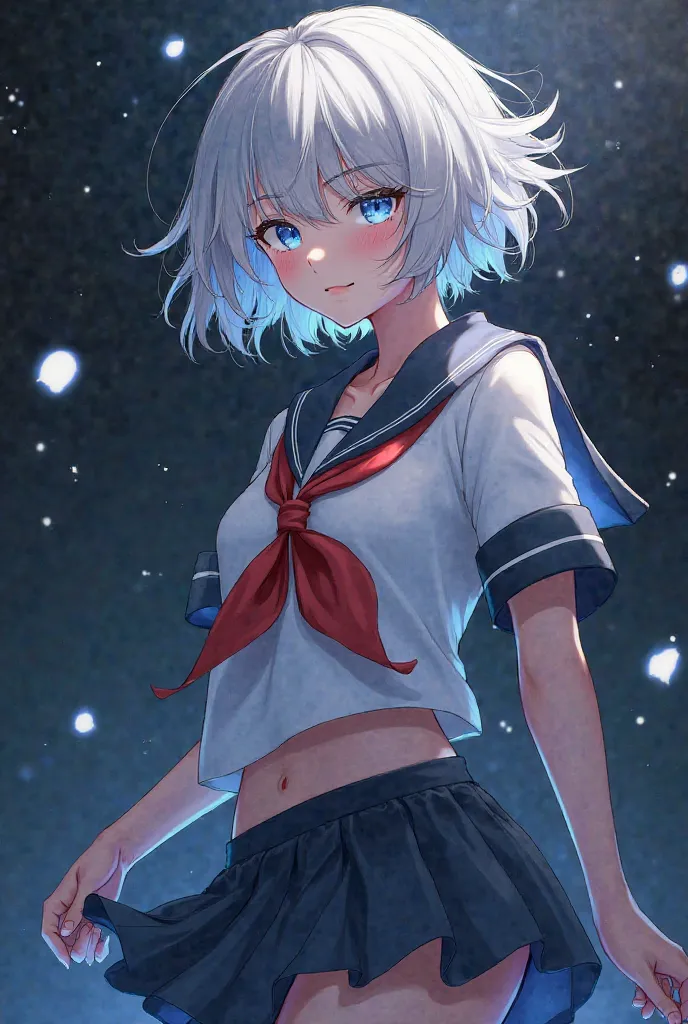  Female,  student, Age of s,  actually , short hair, silver hair,  floating hair ,  cosmic-colored eyes ,  sailor uniform , retrato, detailed hair, facial expression,  elegant stance ,  studio environment , dramatic lighting, concept art style, digital ill...