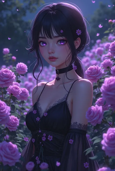 An anime woman in a lush purple rose garden, wearing a black dress with purple flowers, with a close up capturing the harmonious beauty between her breasts, the natural flowers and her piercing gaze shining purple,  showing their natural charm and serene p...