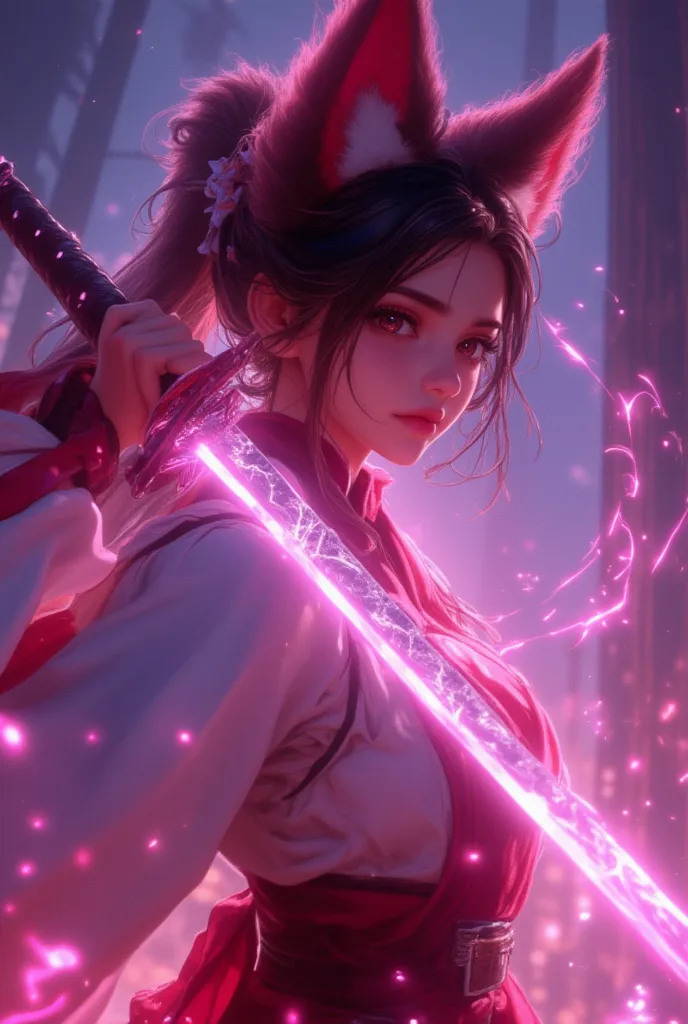 Cyberpunk animation style. A girl with fox ears. She is the best swordsman in the kingdom. Her sword glows a pale pink when she attacks, a mystical slash. She holds her sword with a confident expression. Very low angle shot. Dynamic pose. traditional samur...