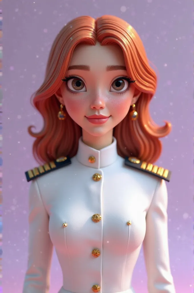 Disney Pixar ,  Woman ,  eyes black , red copper hair, Mid-Andulado , style 3D rendering using white naval officer's uniform , smooth lilac background . 