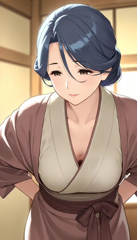 mature woman, housewife, Blue Hair, hair between eyes, chignon hair, The costume of the Japanese inn's wife, Chest, Mature Woman, Soft light, High Precision, best quality, upper body,  small breasts 、Larger clothes、( is bowing:1.3)