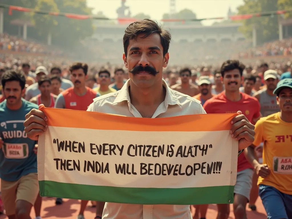 one man with mustache holding a banner in which slogan is written and in background everyone exercising and slogan is जब होगा स्वस्थ हर नागरिक, तभी बनेगा भारत विकसित!