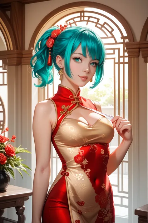  two block hair、bob hair、ponytail、Turquoise Hair、Chinese style clothes、belly button sticking、I70 cup、Height: 153cm、Hips 96cm