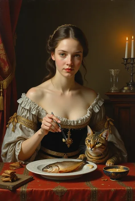 A vintage painting of a renaissance women, eating a fresh fish, beside her cat