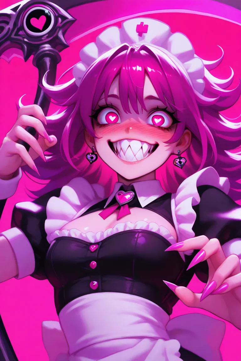  maid, crazy eyes, magenta hair, smile, sexy, neon pink eyes, medium length hair, holding scythe fighting stance, upper body bust shot, heart shaped pupils, earring, sharp teeth, nose blush, sharp nails, small nails