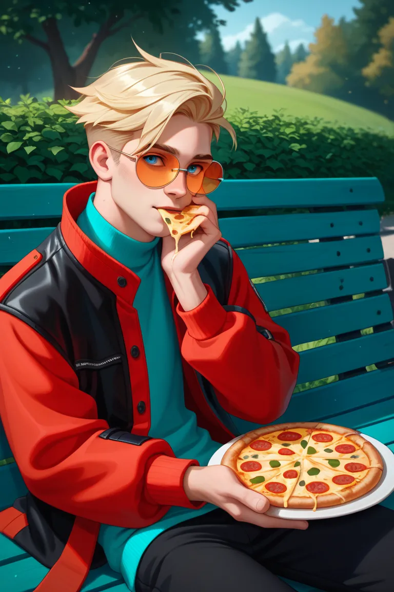 Man with a divine and kind face, short blond hair, parted on the sides and with a spiked pompadour. Blonde hair. Aquamarine blue eyes, prosthesis on the left arm, aquamarine colored metallic prosthesis. Cheeks full of food. He eats a slice of pizza, elasti...